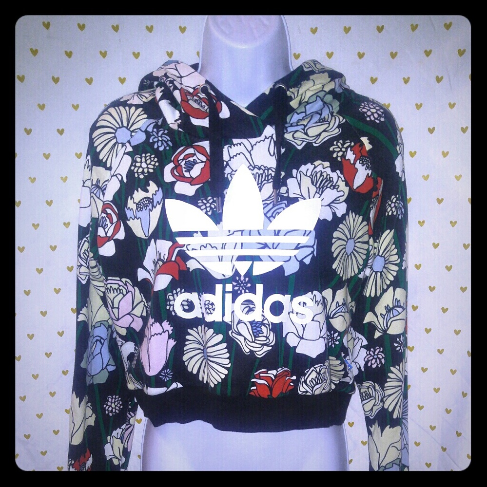 adidas Floral Black Cropped Hoodie with White Trefoil